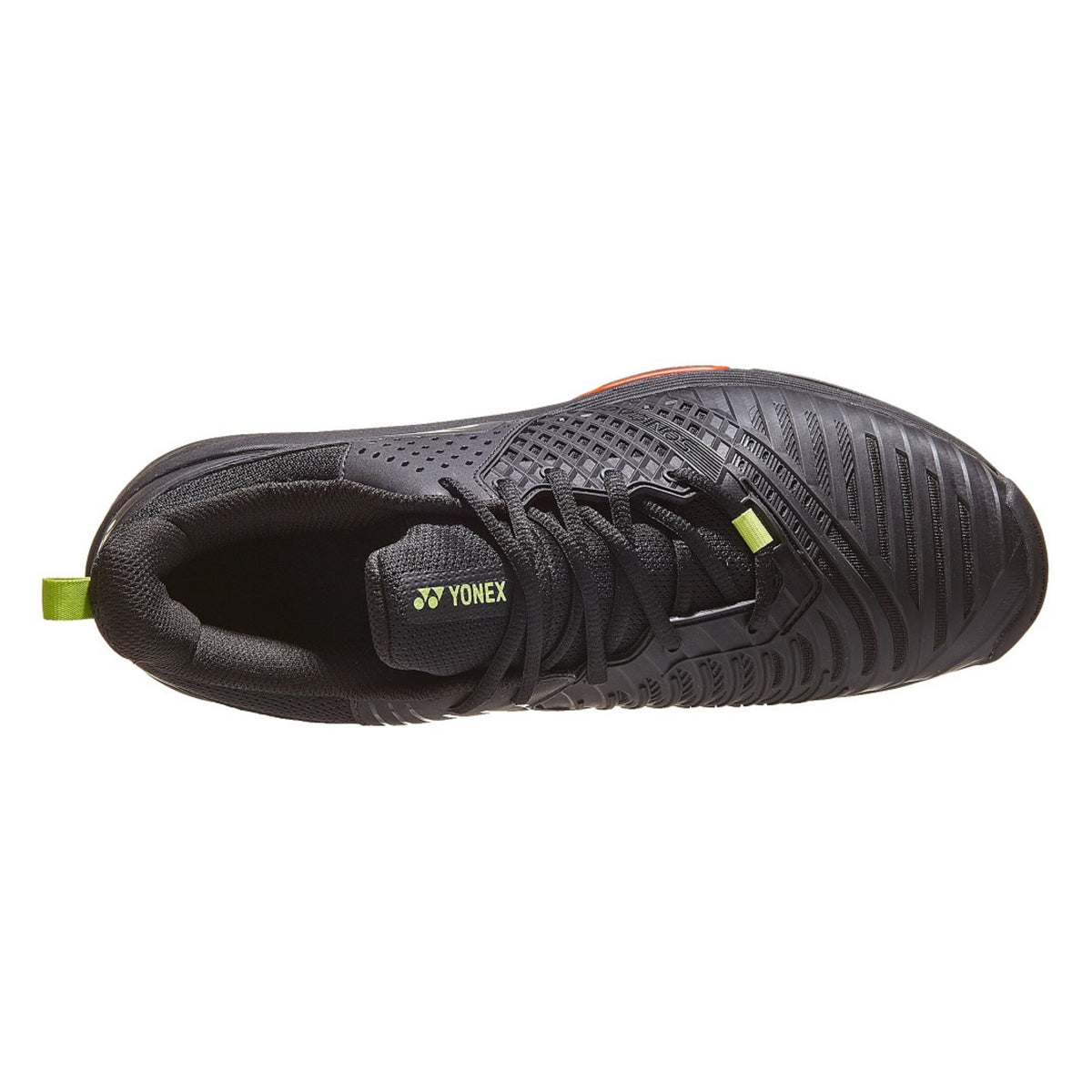 Black Yonex tennis shoe with Yonex logo on a white background