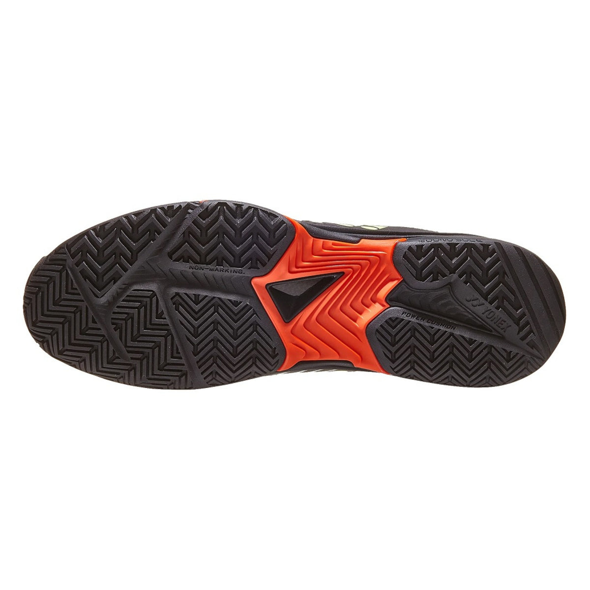 Black and orange tennis shoe sole on a white background