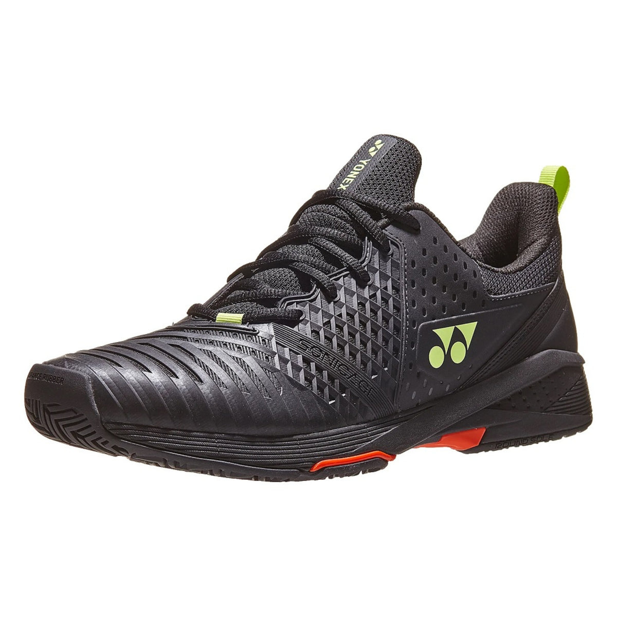 Black Yonex tennis shoe with red accents on a white background