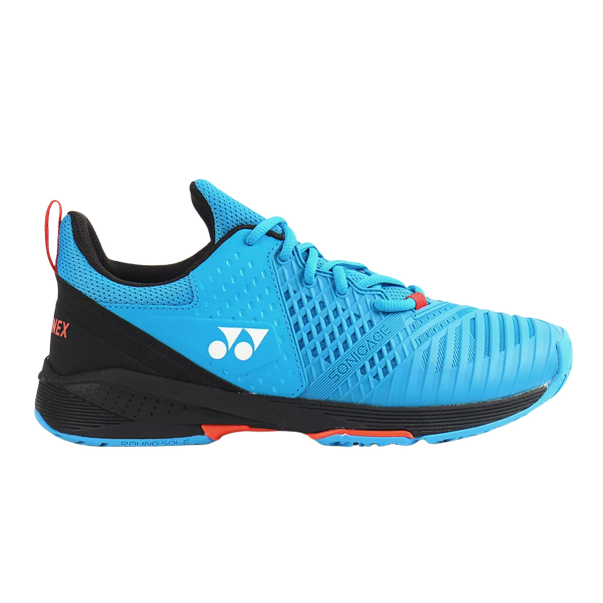 Blue Yonex tennis shoe with black and red accents on a white background