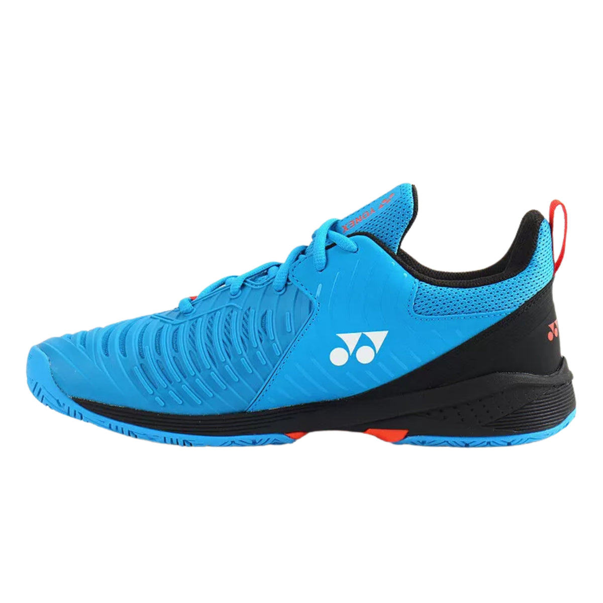 Blue Yonex tennis shoe with black and red accents on a white background