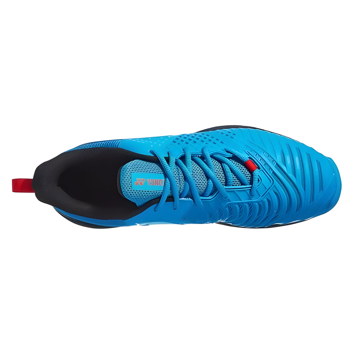 Blue Yonex tennis shoe with black and red accents on a white background