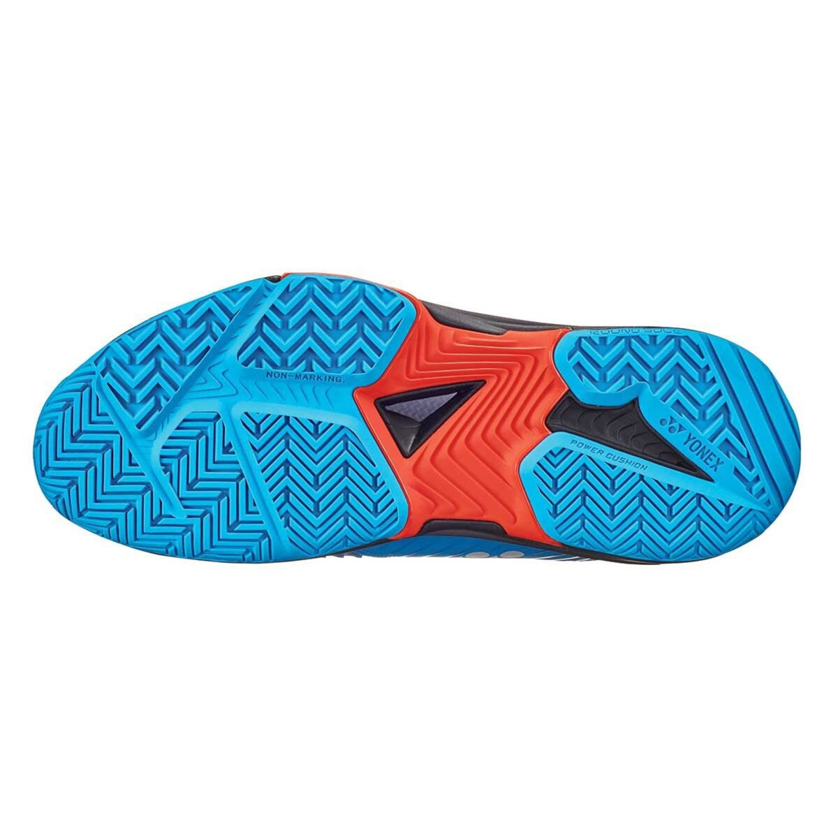 Close-up of a sports shoe sole with blue and red design on a white background