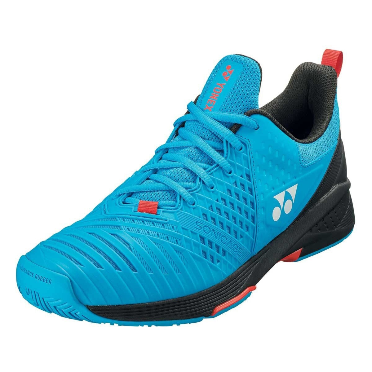 Blue Yonex tennis shoe with black and red accents on a white background