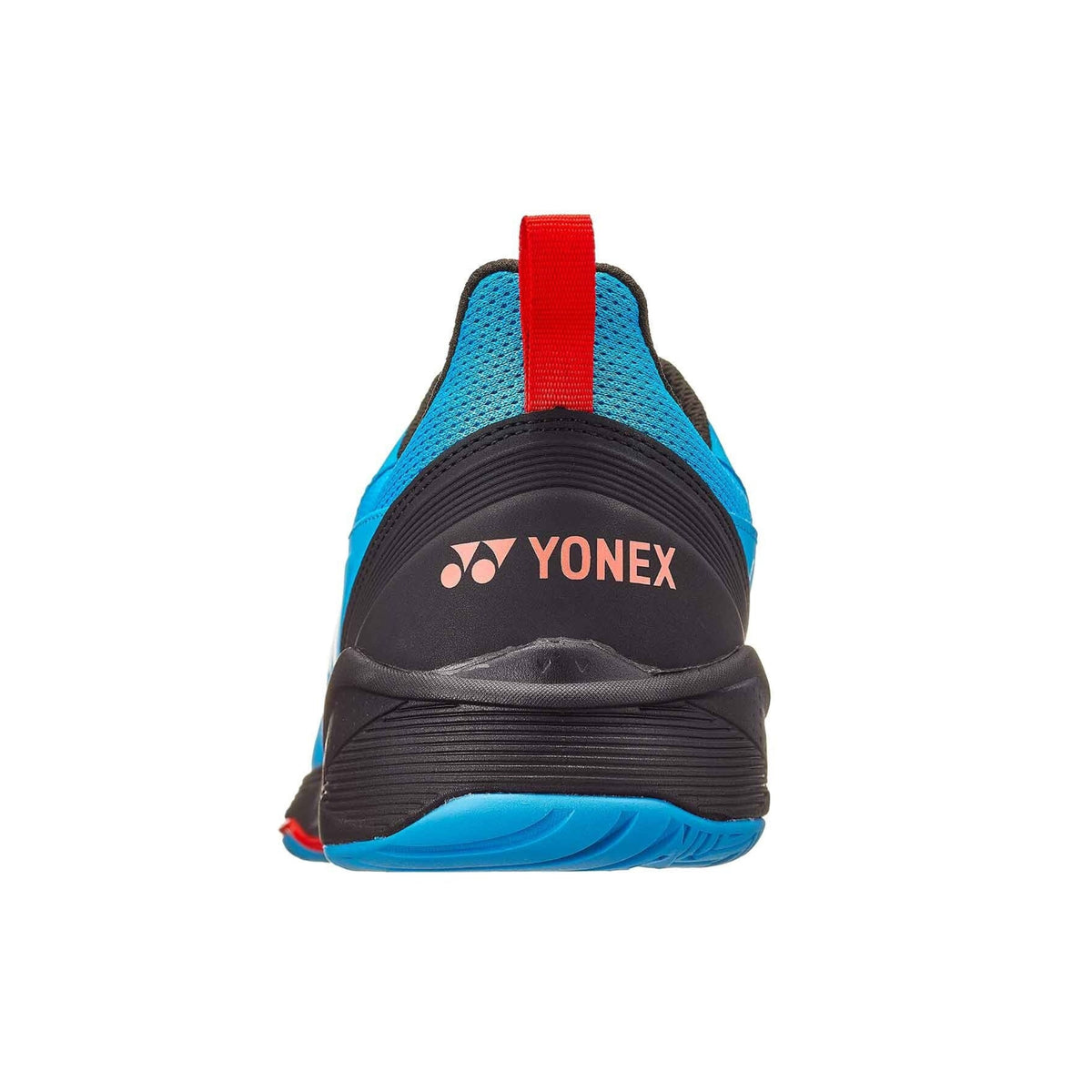 Blue Yonex tennis shoe with black and red accents on a white background