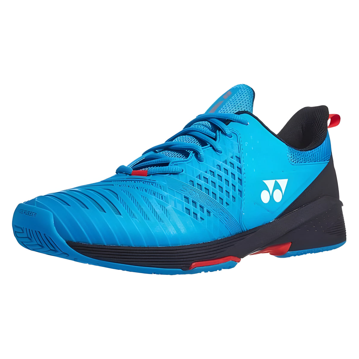 Blue Yonex tennis shoe with black and red accents on a white background