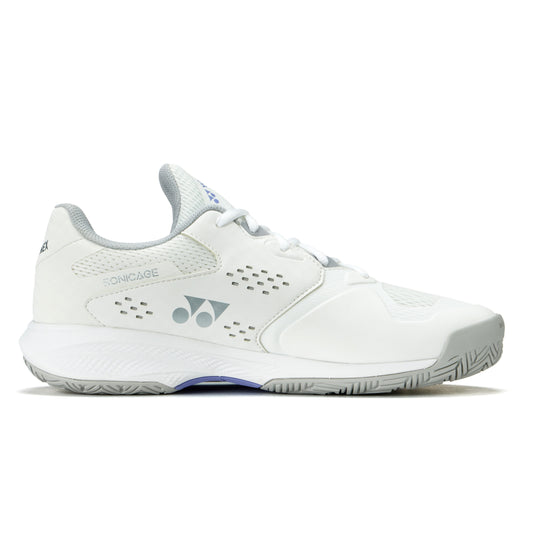 White Yonex tennis shoe with brand logo on a white background