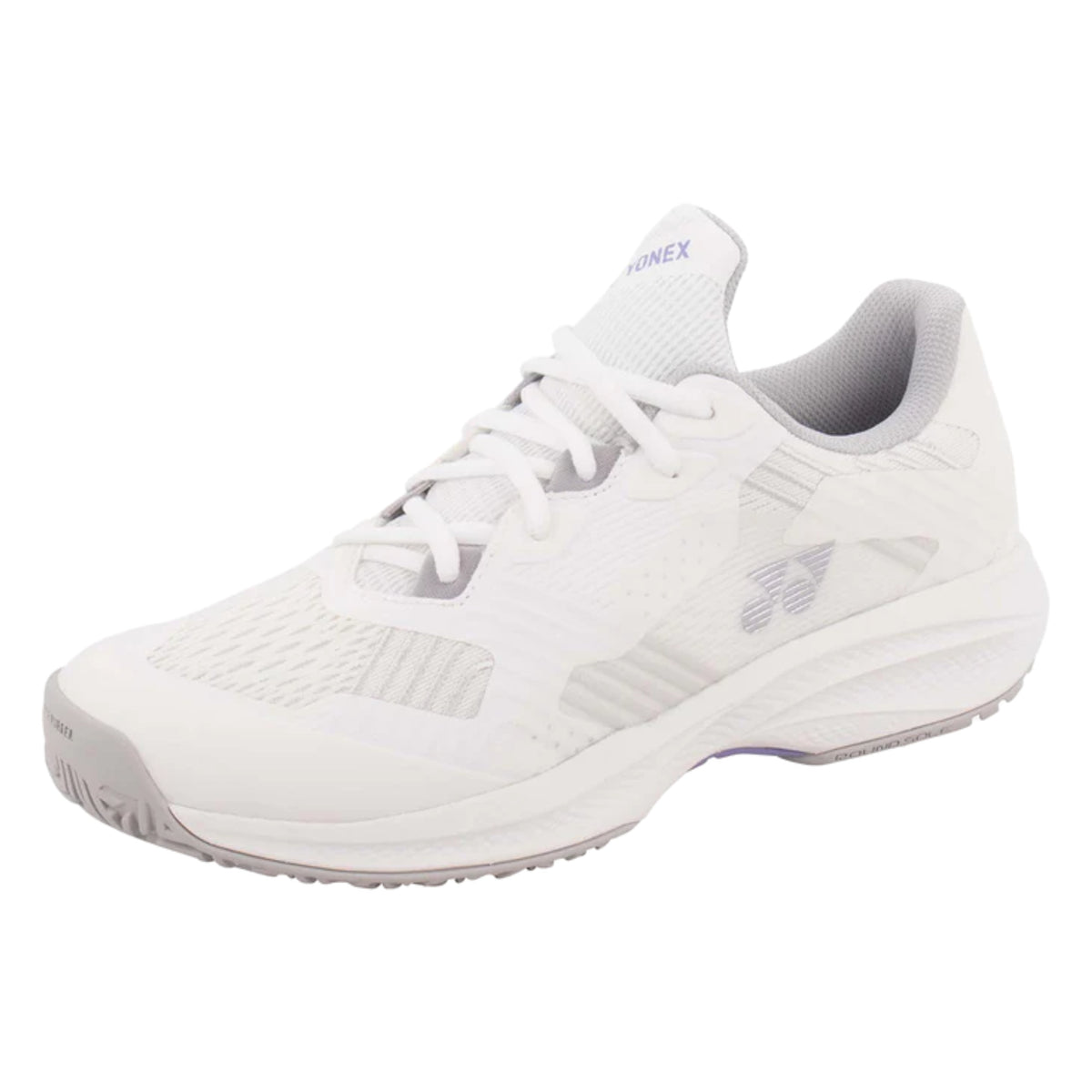 White Yonex tennis shoe with brand logo on a white background