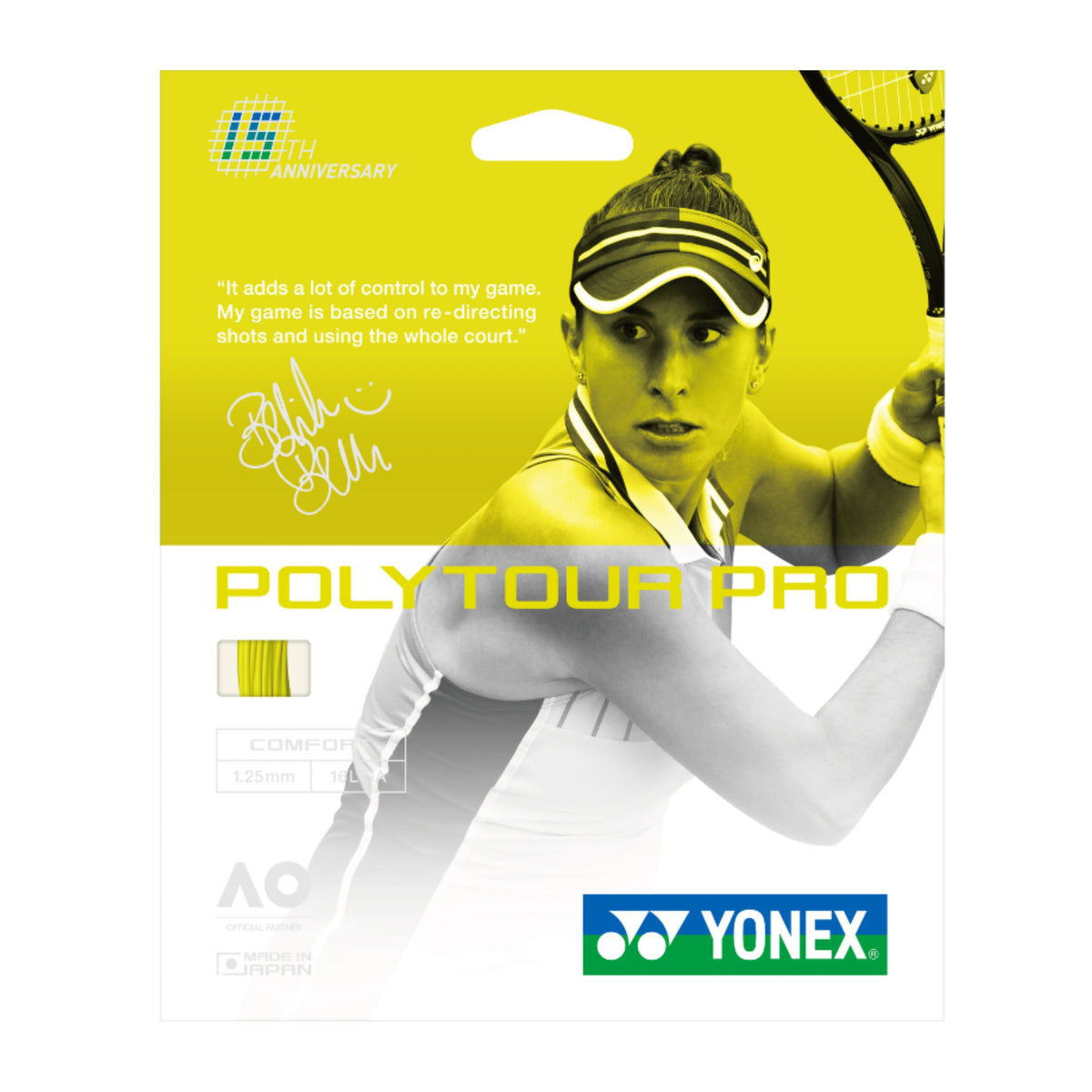 Yonex Poly Tour Pro tennis string package with a player image and branding on a yellow background