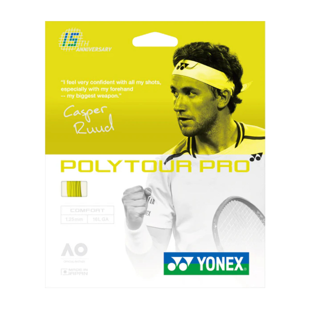 Yonex Polytour Pro tennis string packaging with a player's image and branding.