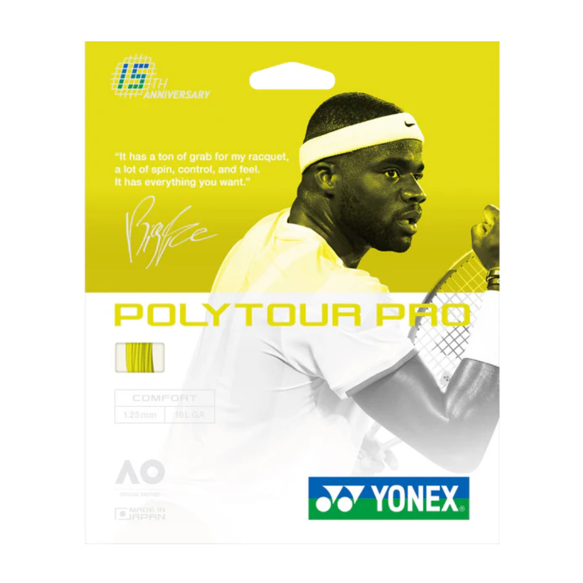 Yonex Polytour Pro tennis string packaging with a player image and branding.
