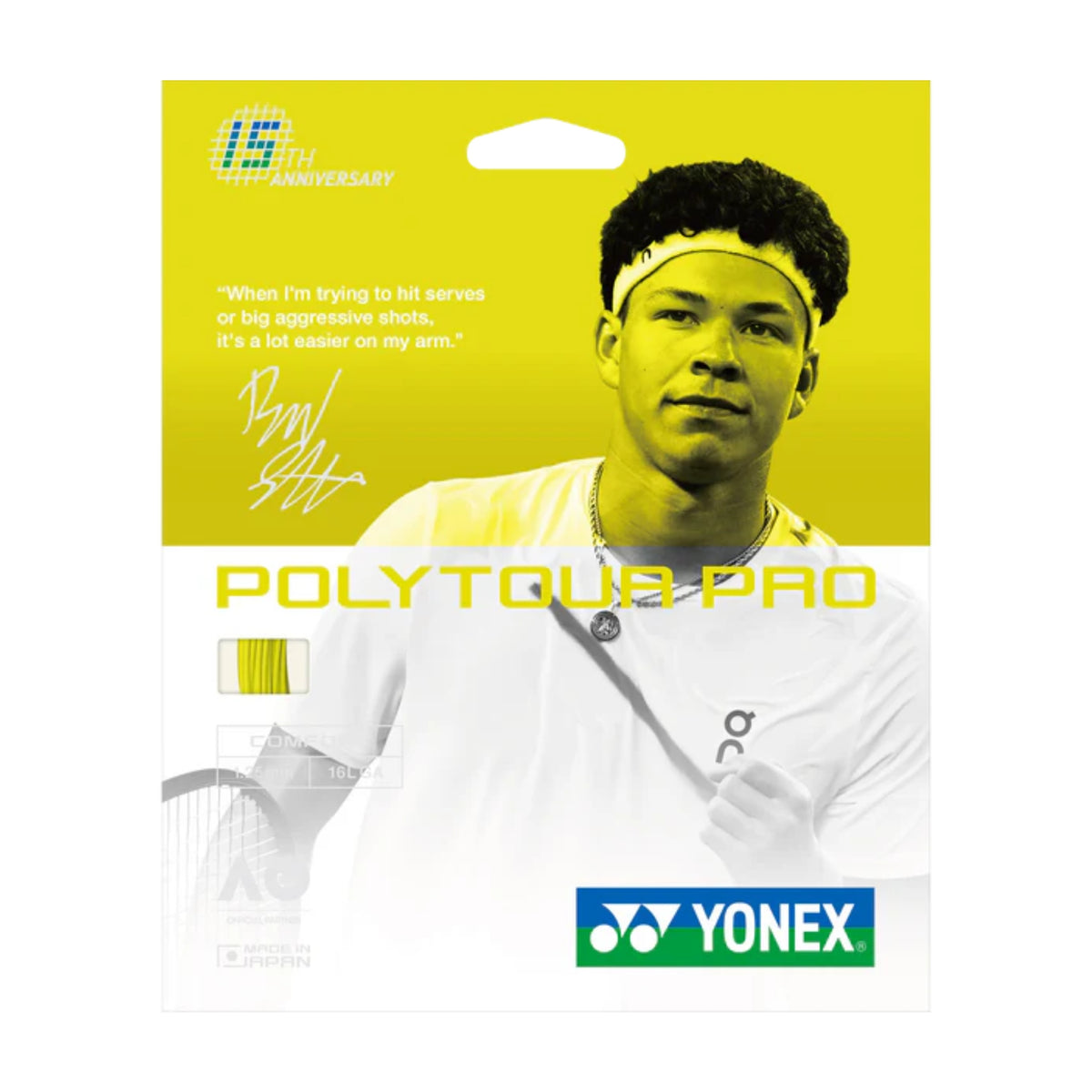 Yonex Polytour Pro packaging with a tennis player and branding on a white background