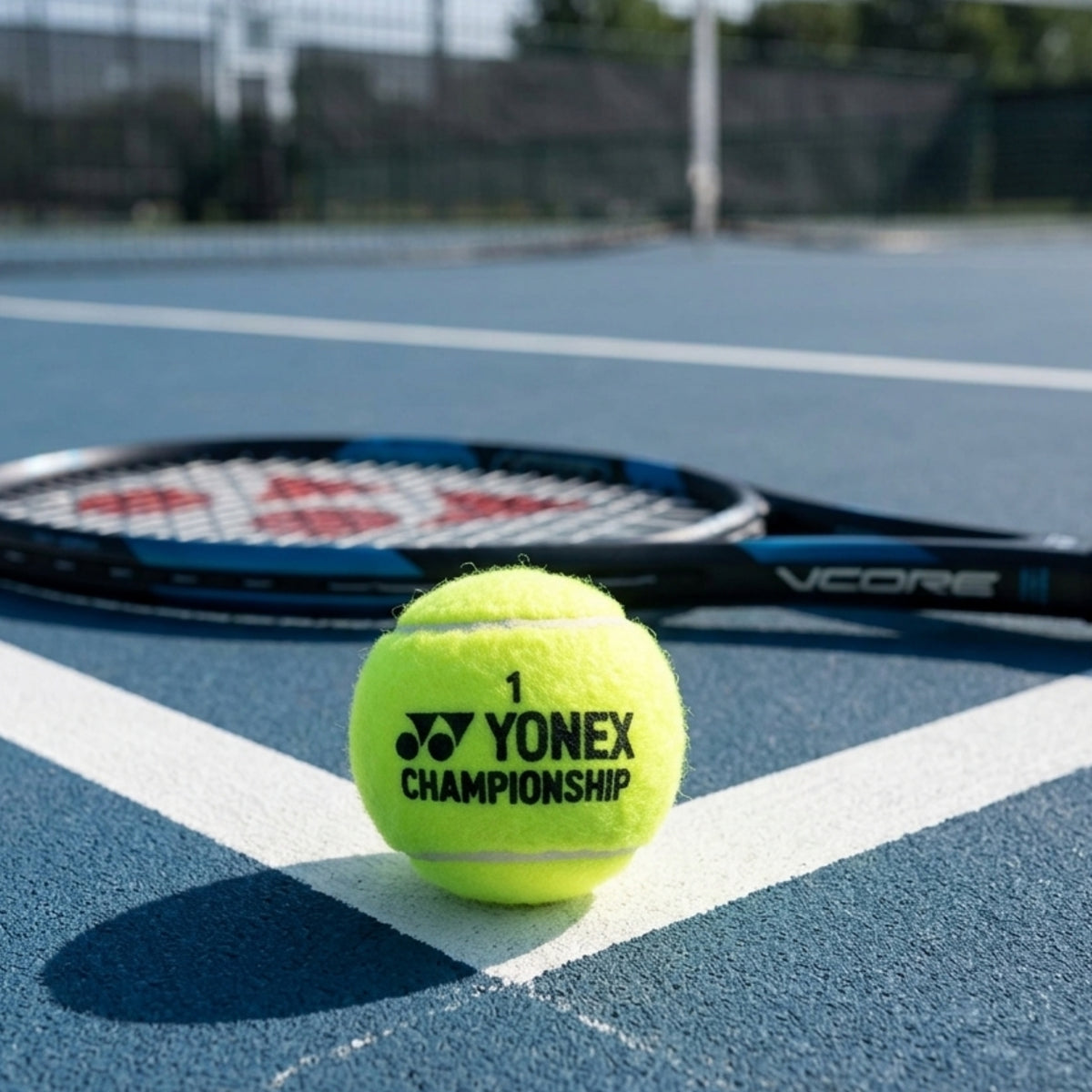 Yonex tennis ball and racket on a tennis court