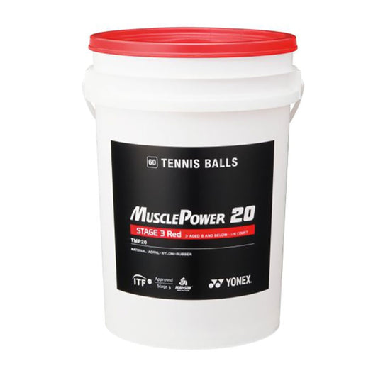 White bucket with red lid labeled 'MusclePower 20' tennis balls on a white background