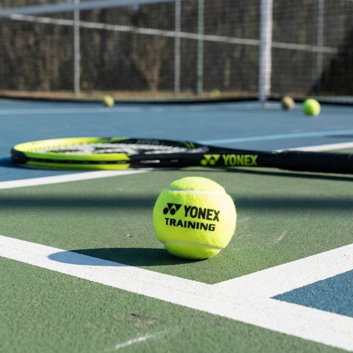 Yonex training tennis ball on a tennis court with a racket in the background.