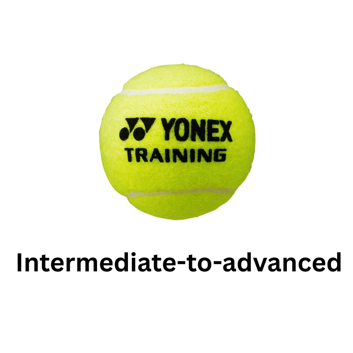 Yonex Training tennis ball on a white background with text indicating skill level.