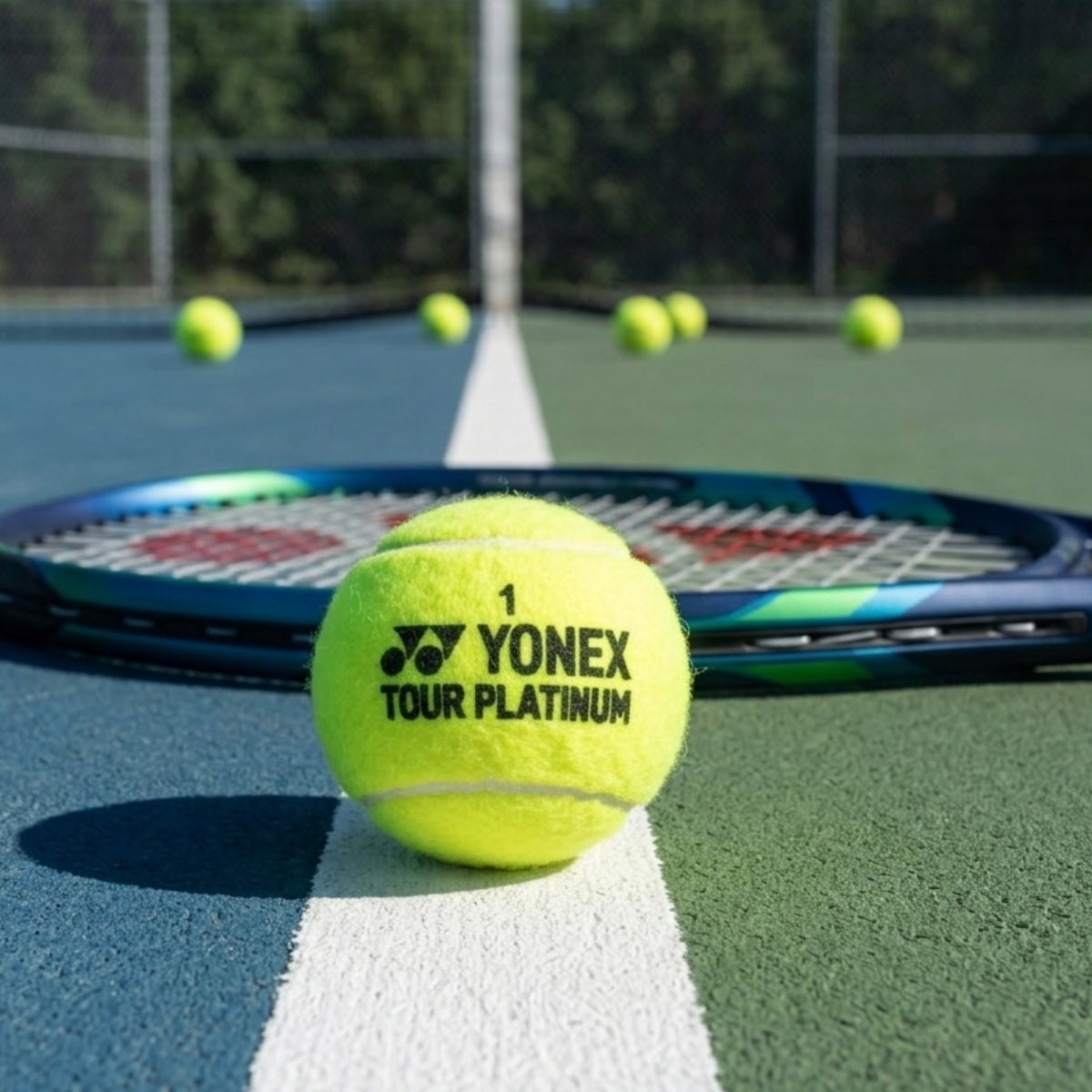 Yonex Tour Platinum tennis ball on a court with a racket in the background