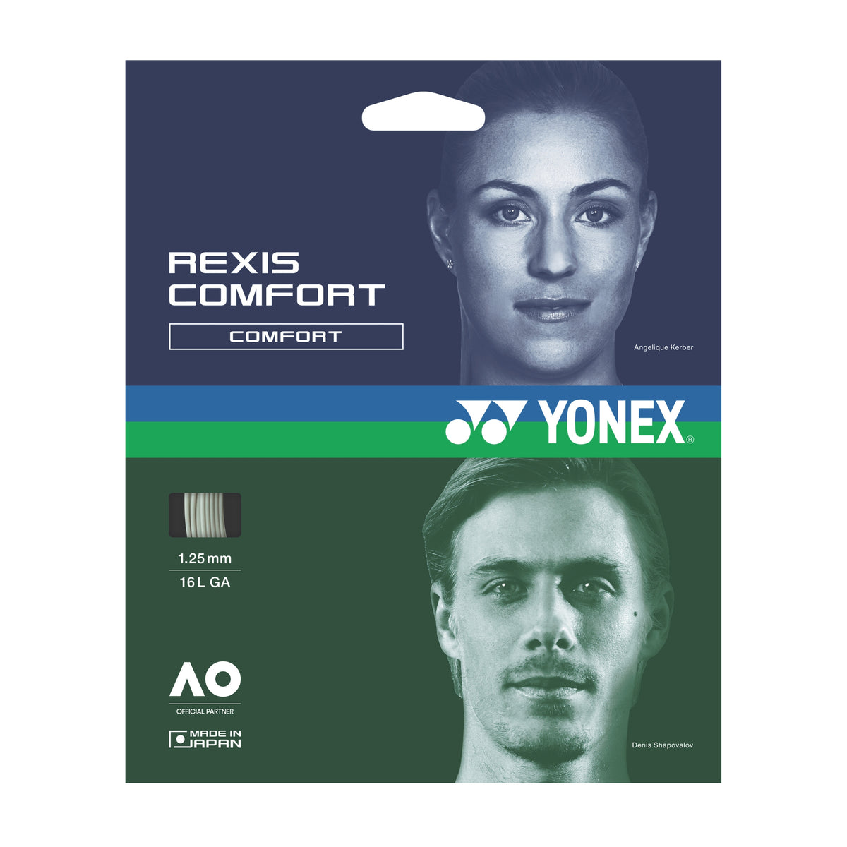 Yonex REXIS COMFORT tennis string package with two faces on a white background