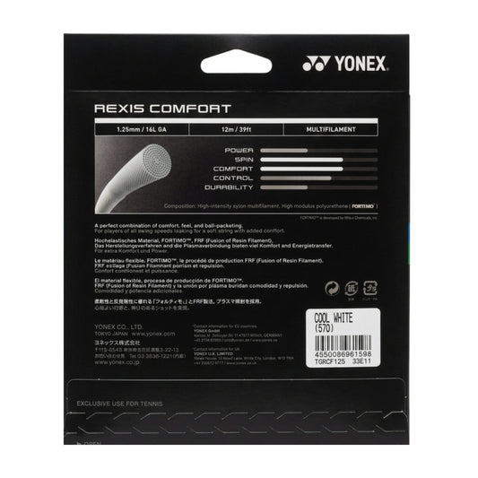 Yonex REXIS COMFORT packaging with product details on a black background