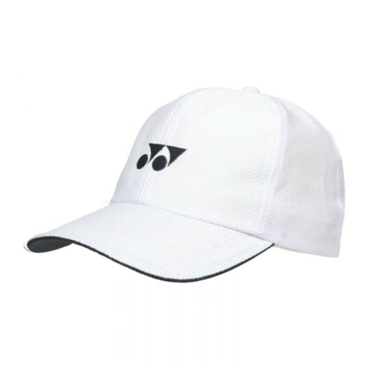 White cap with a black logo on a white background