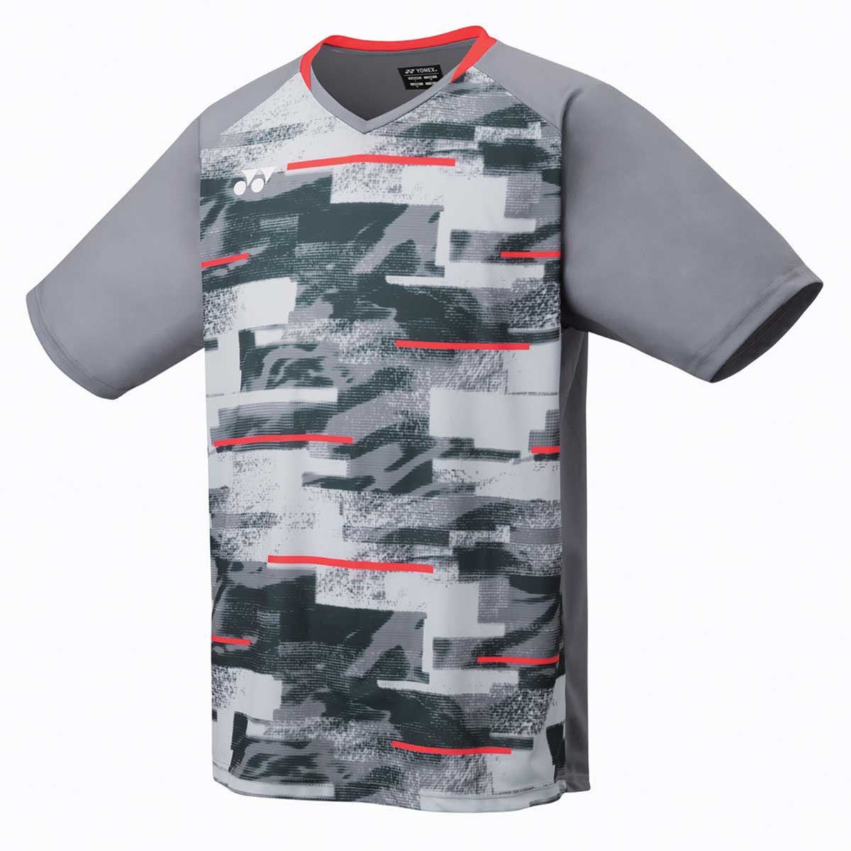 Gray and black patterned sports SHIRT with red accents on a white background