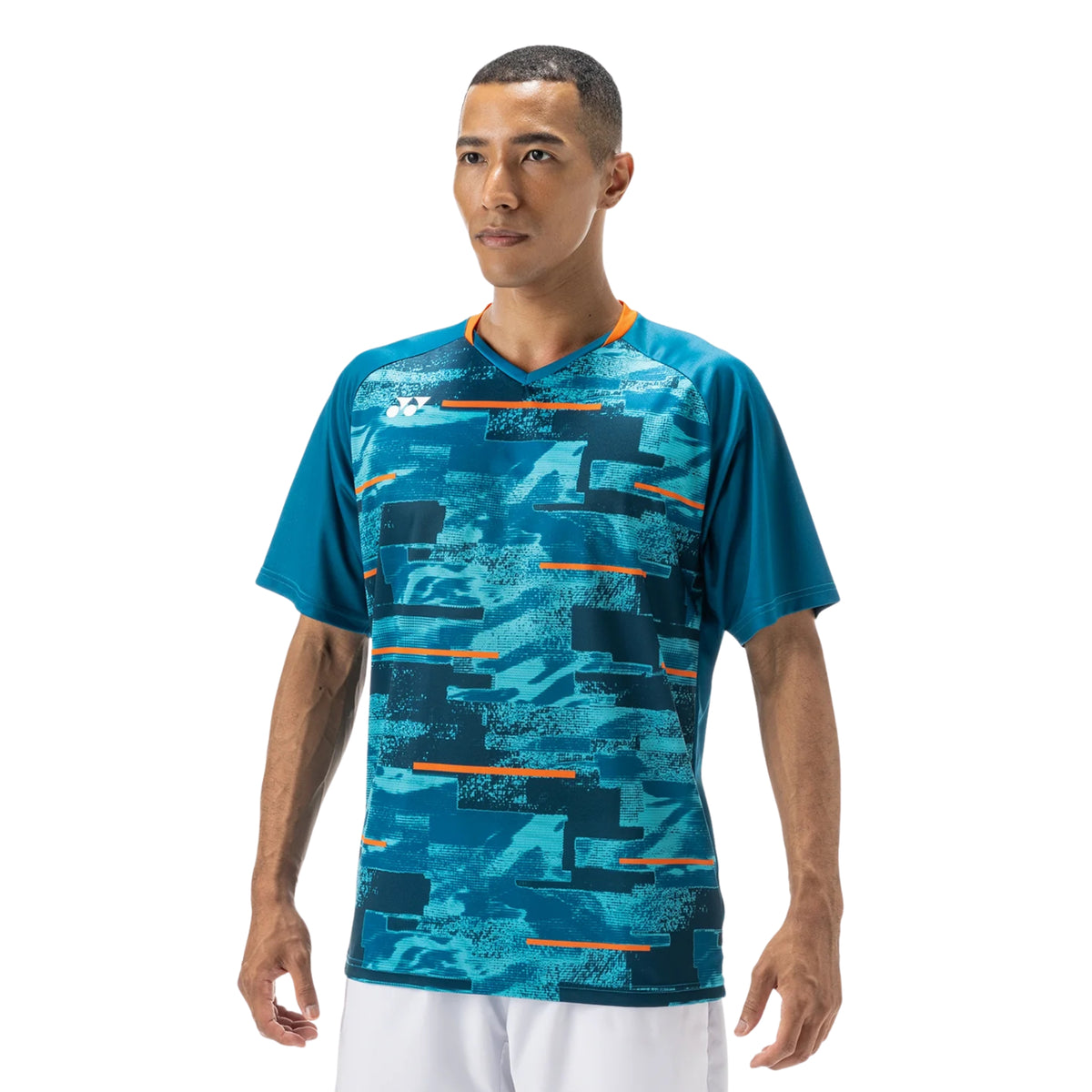 Man wearing a blue camouflage sports jersey on a white background