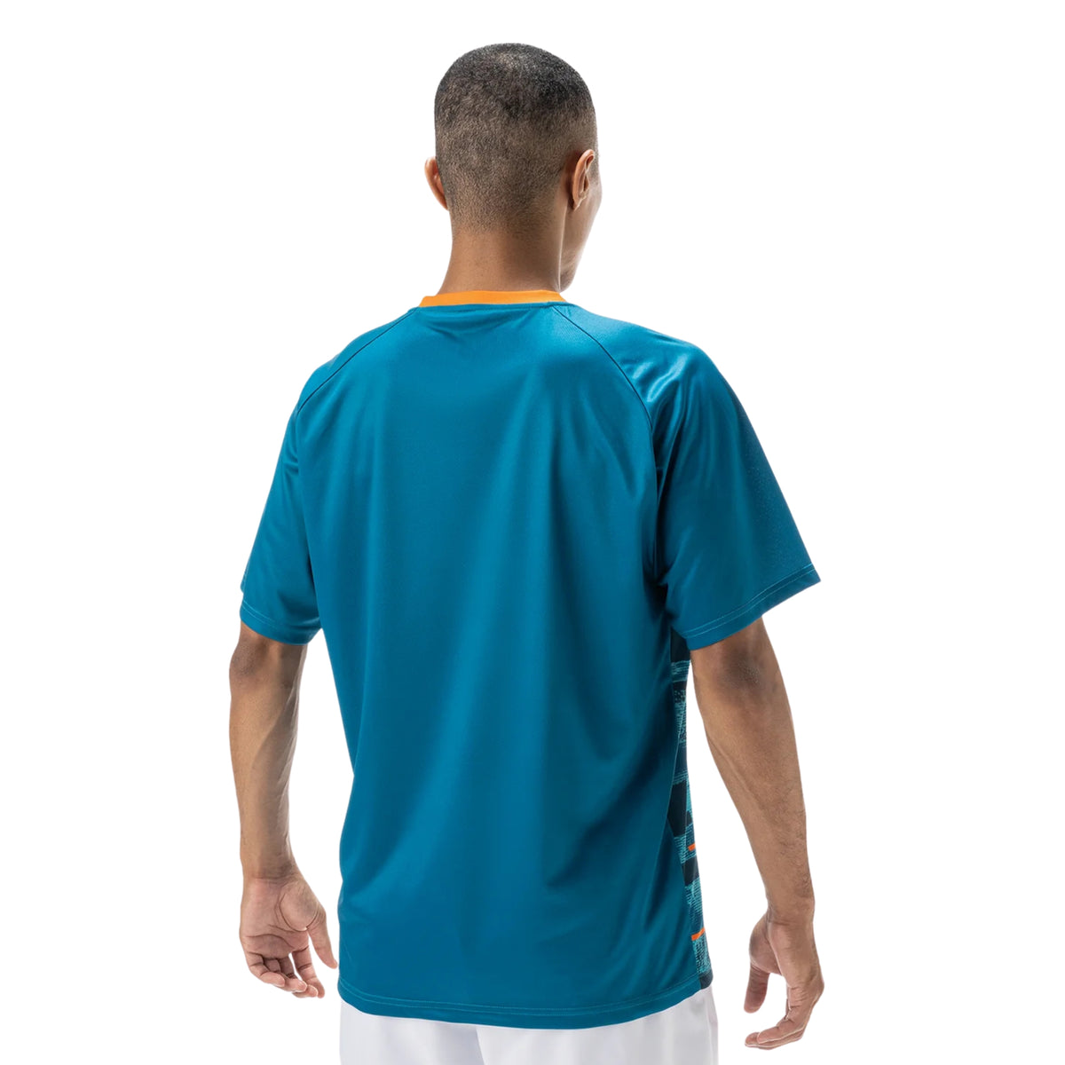 Person wearing a blue sports jersey on a white background