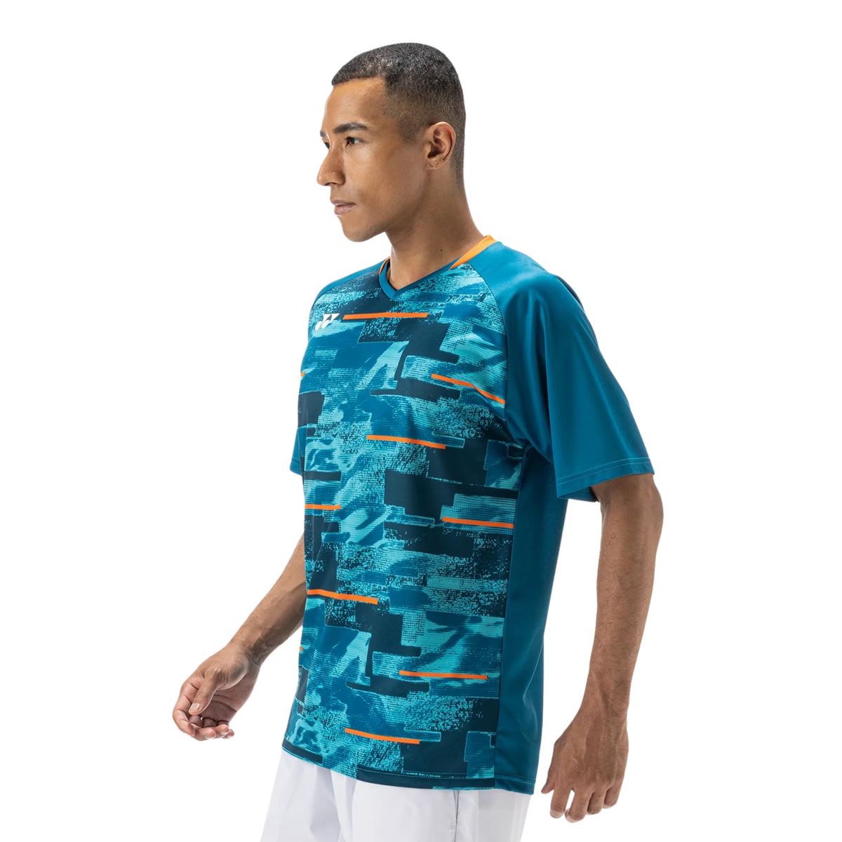 Man wearing a blue camouflage sports shirt on a white background