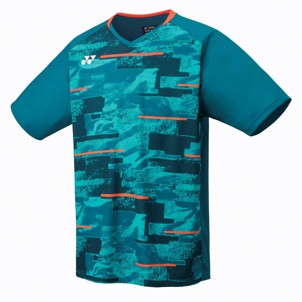 Teal sports shirt with geometric pattern on a white background