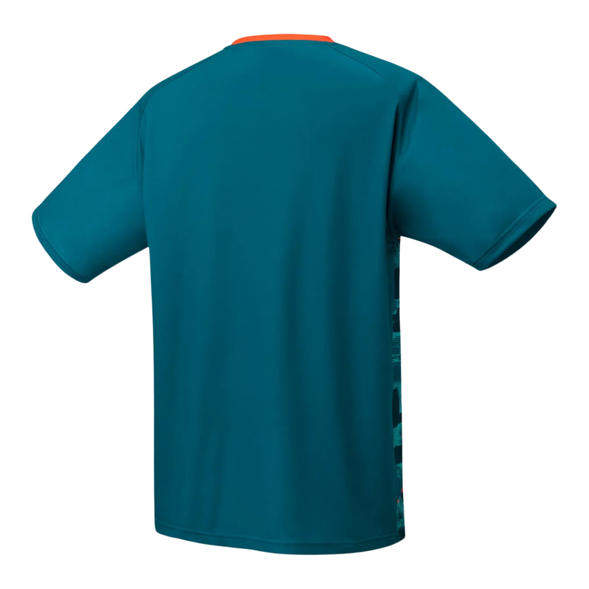Teal t-shirt with orange trim on a white background