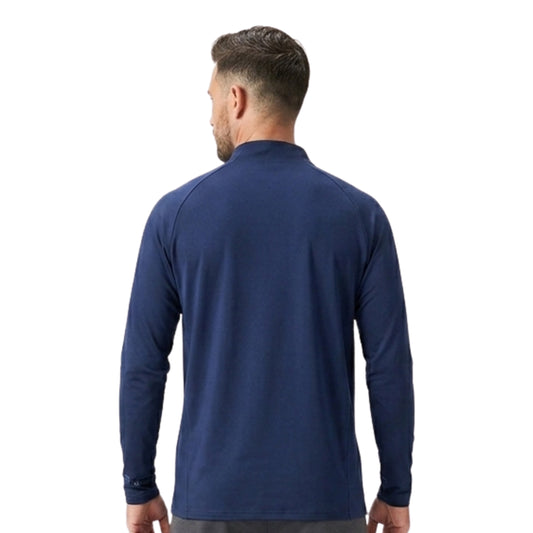 Man wearing a blue long-sleeve shirt on a white background