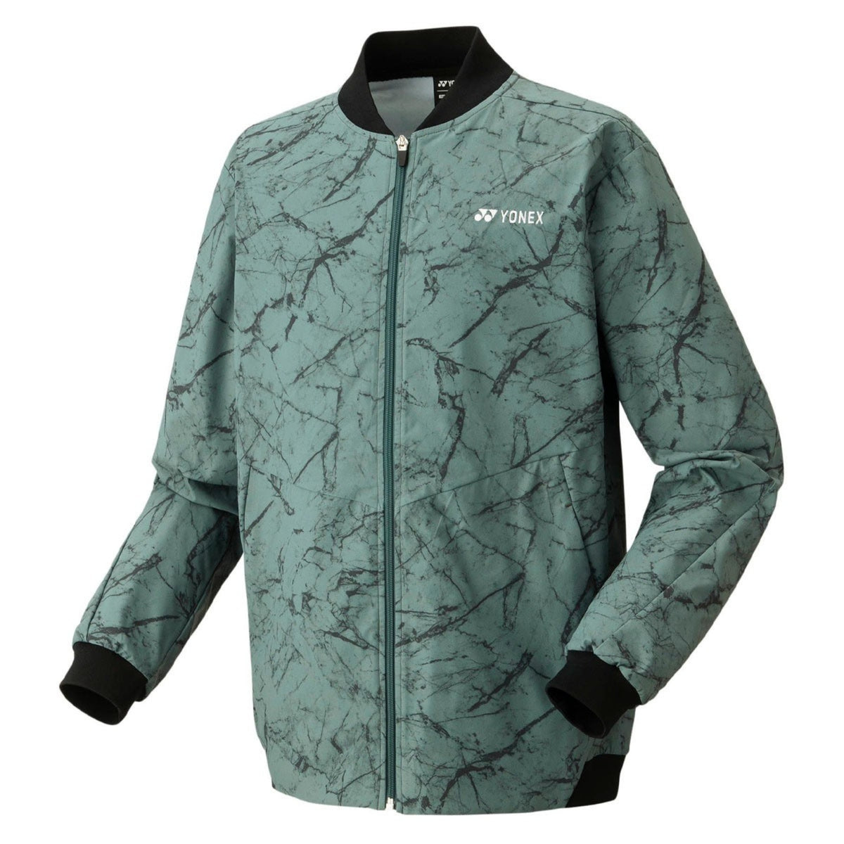 Green patterned jacket with black accents on a white background