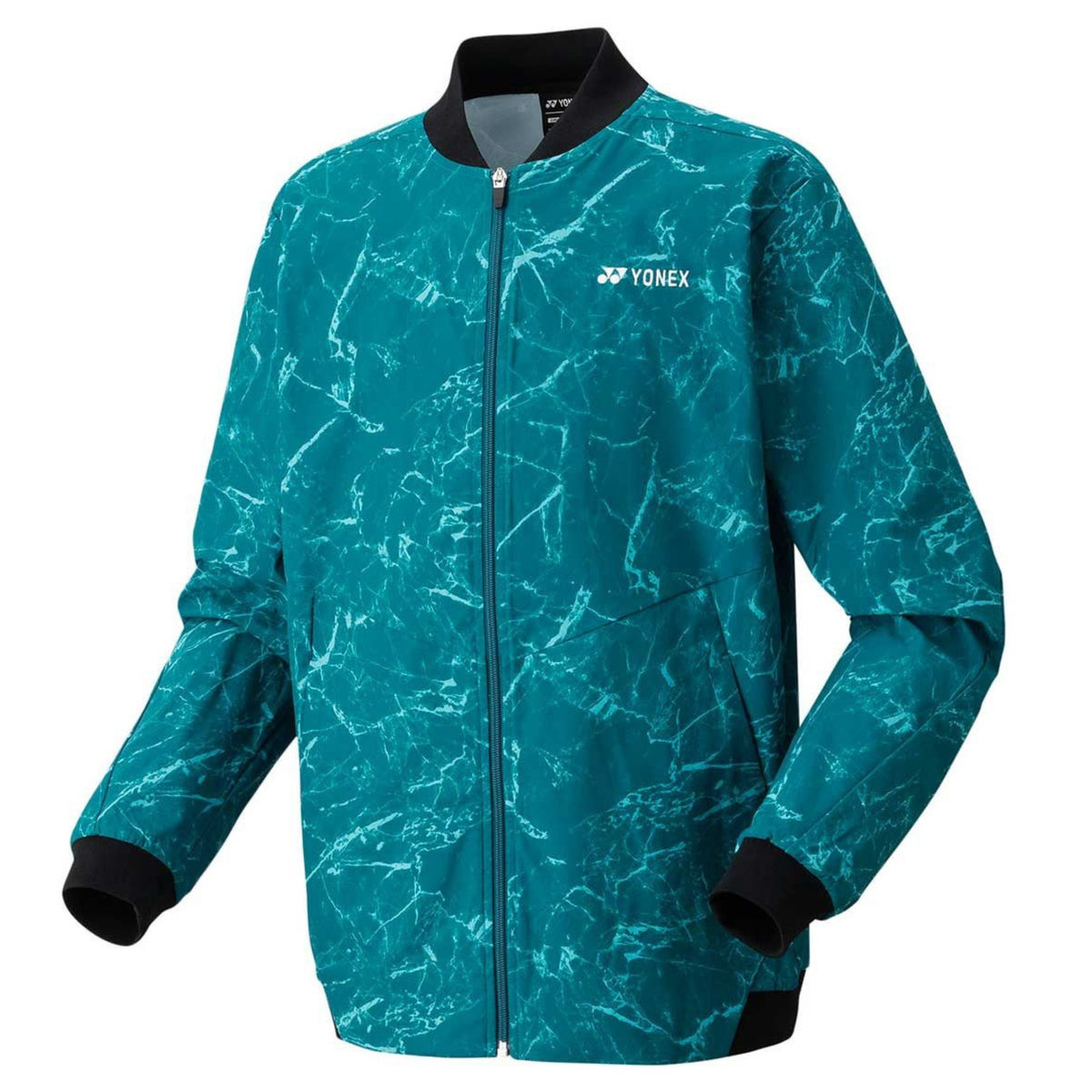 Teal patterned jacket with black cuffs and collar on a white background