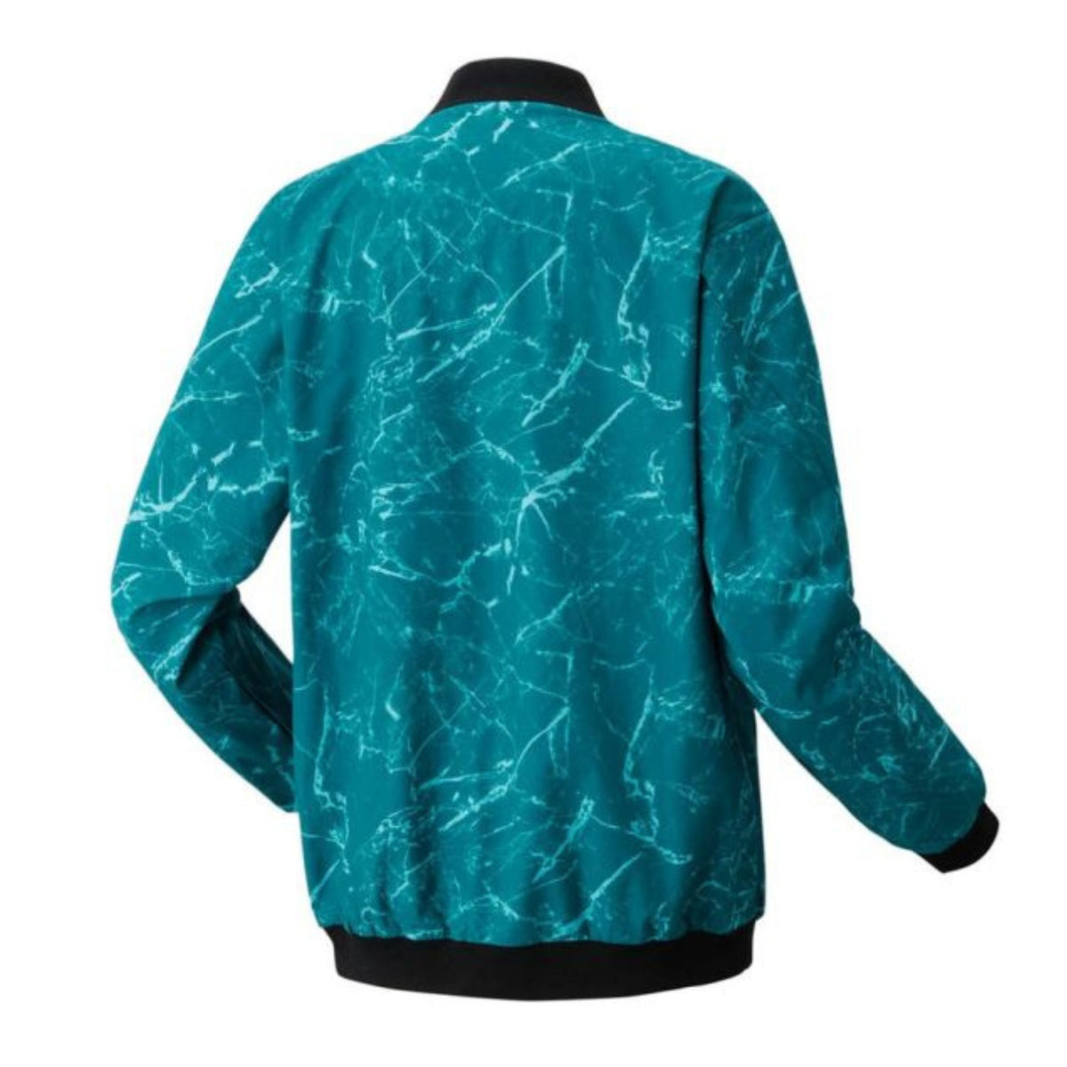 Teal jacket with white abstract pattern on a white background