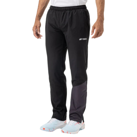 Black athletic pants with a brand logo on a white background