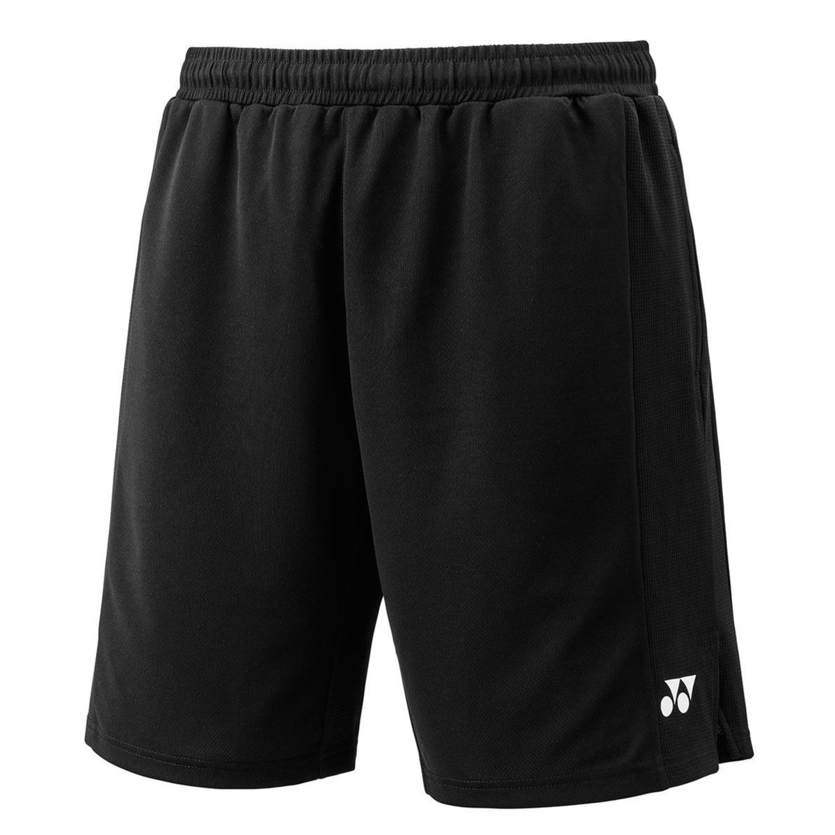 Black shorts with a brand logo on a white background