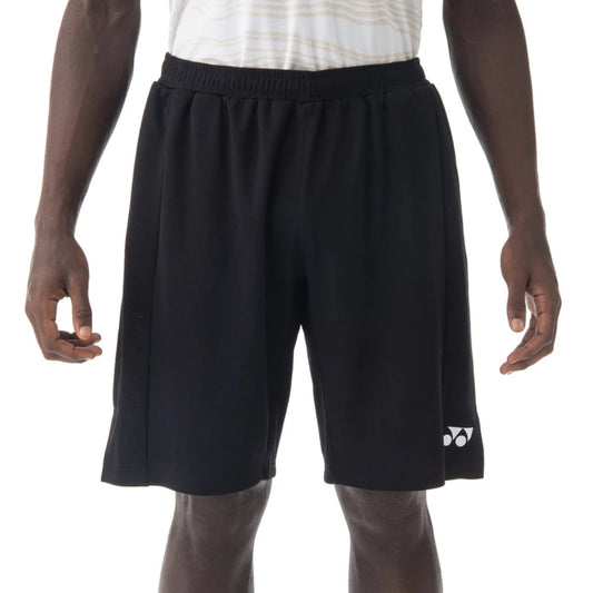 Black shorts with a brand logo on a white background