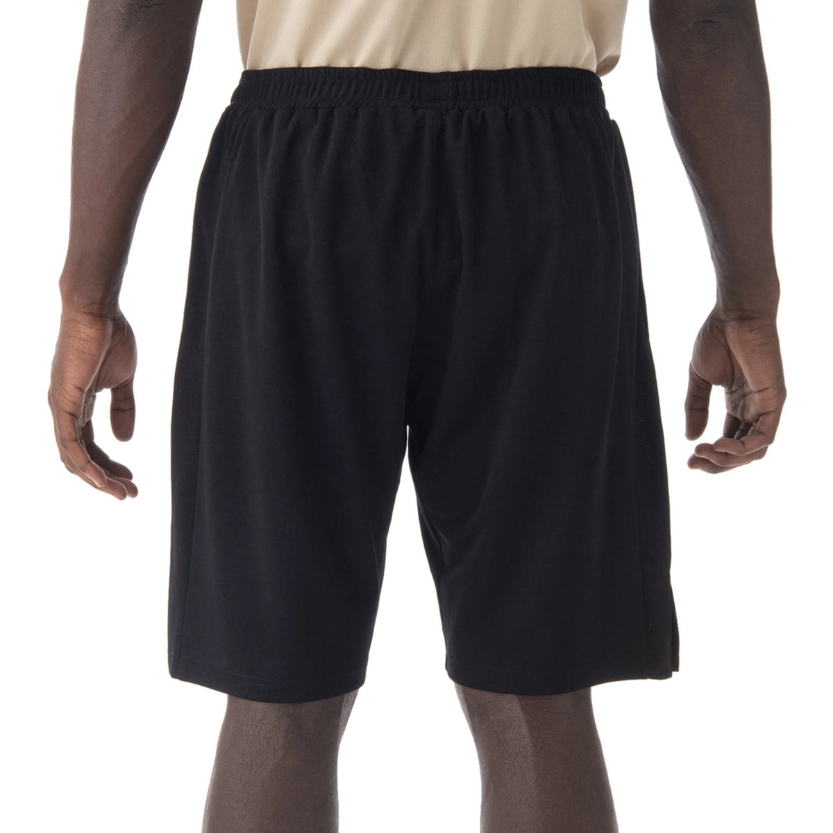 Black shorts worn by a person on a white background