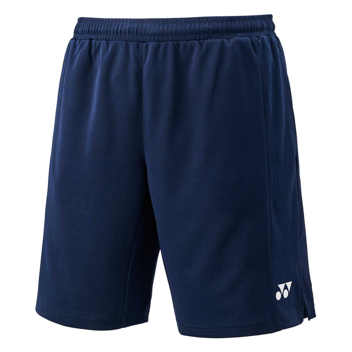 Navy blue shorts with a brand logo on a white background