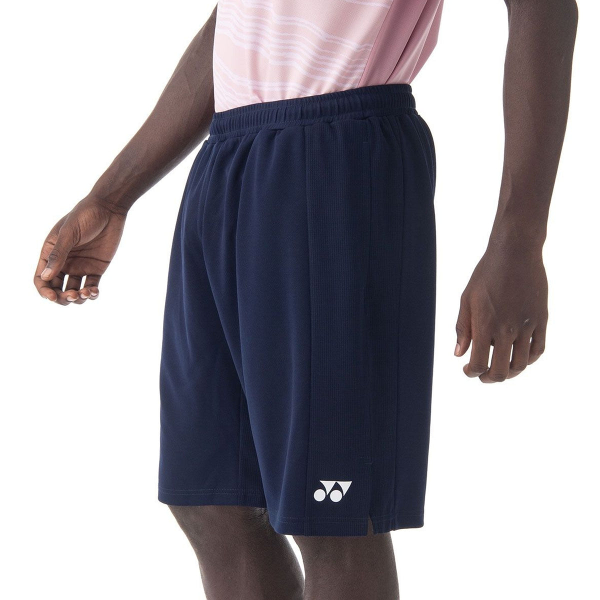 Navy athletic shorts with a logo on a white background