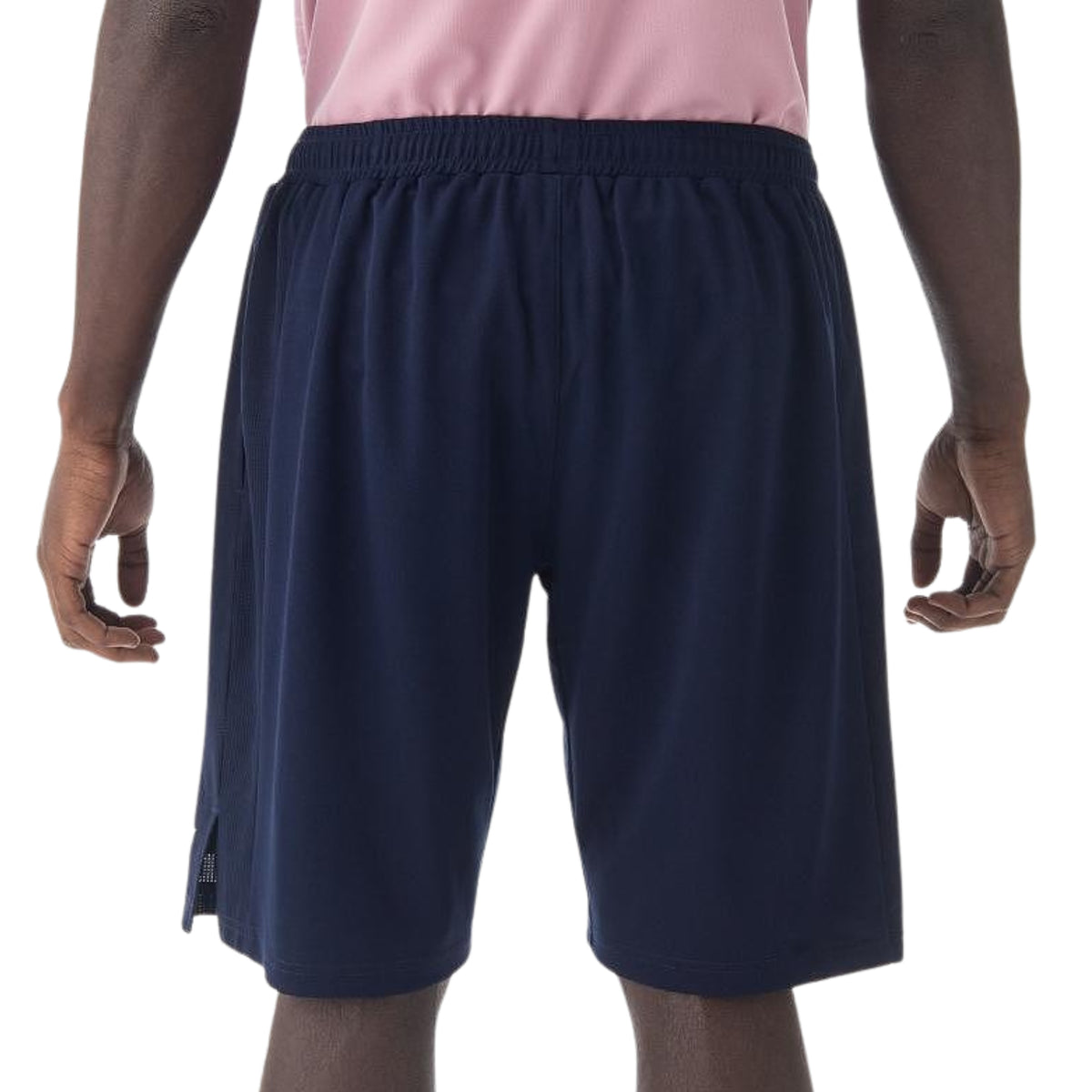 Navy shorts worn by a person on a white background