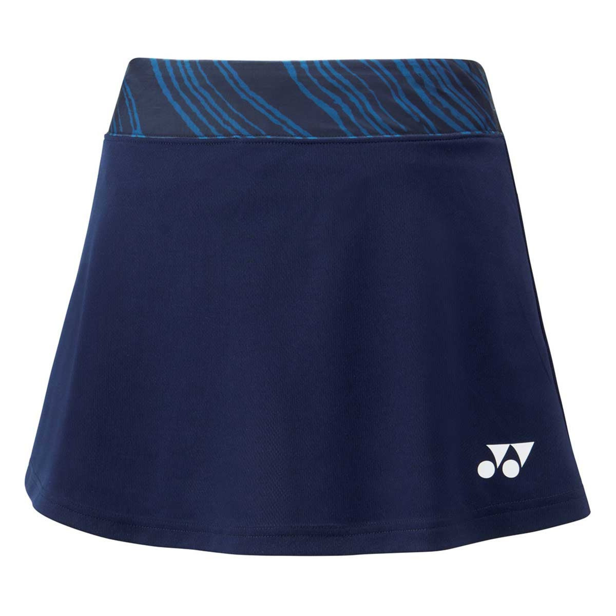 Navy blue skirt with a blue patterned waistband on a white background