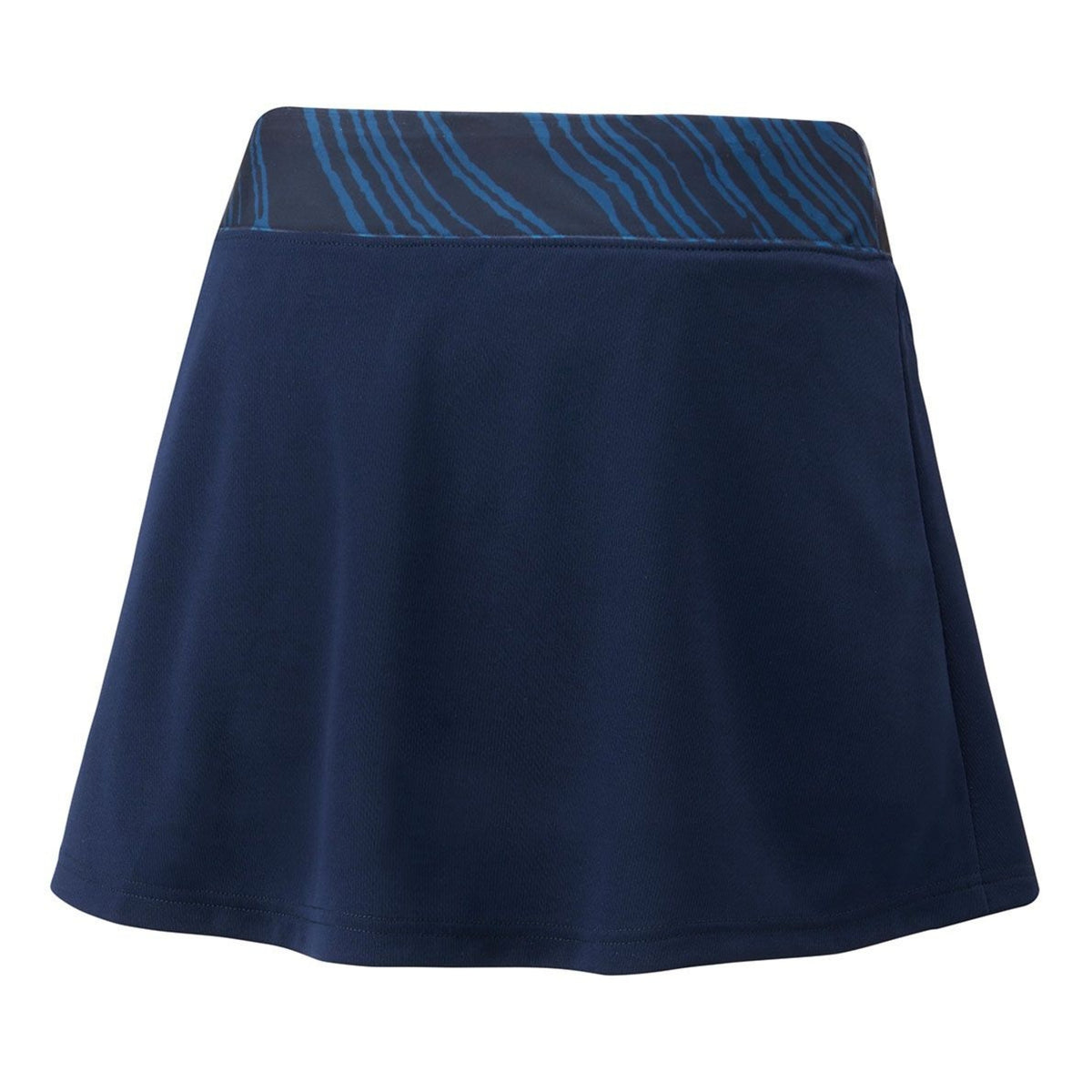 Navy blue skirt with a patterned waistband on a white background
